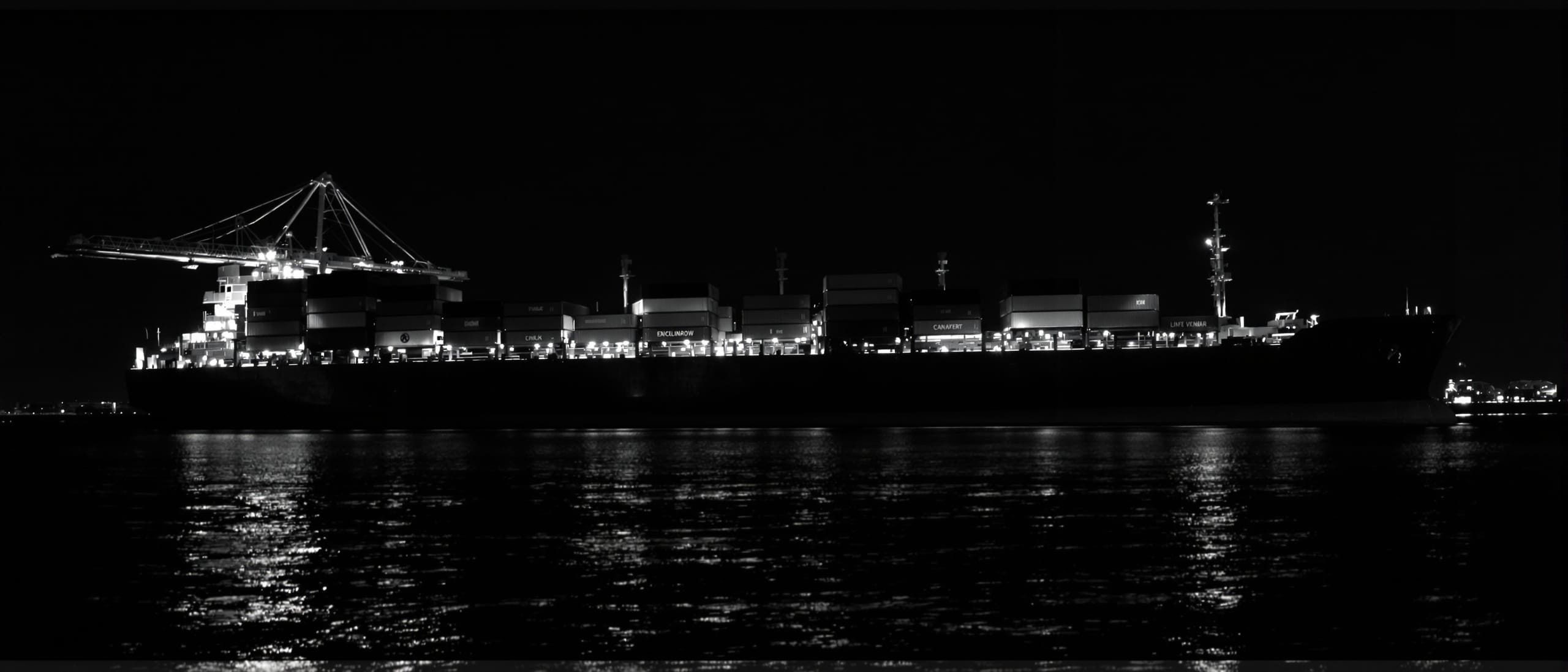 Container ship at berth at night, crane gantries above, reflections on black water